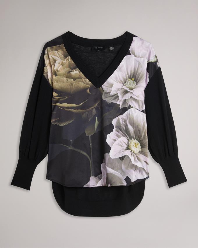 Pull Ted Baker V Neck Floral Front Noir Femme | MRC-51455528